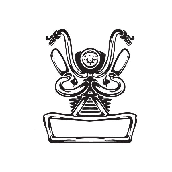 Vinyl wall decal of black line-art motorcycle chopper with central round emblem and triangle details