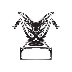 Black stylized horned character vinyl wall decal with raised wings and blank plaque