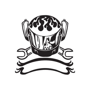 Vinyl wall decal of black-and-white chopper-style skull with flames and crossed wrenches