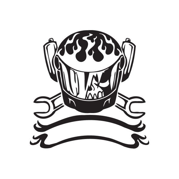Vinyl wall decal of black-and-white chopper-style skull with flames and crossed wrenches