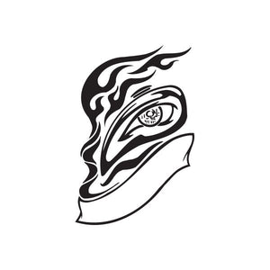 Vinyl wall decal with black flame graphic and circular emblem