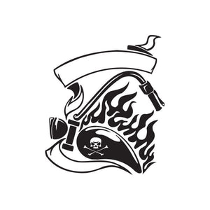 Black and white chopper skull vinyl wall decal with flames and dagger