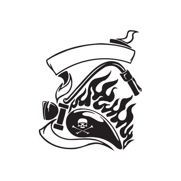 Black and white chopper skull vinyl wall decal with flames and dagger
