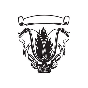 Black vinyl skull wall decal with flames and crossed cables