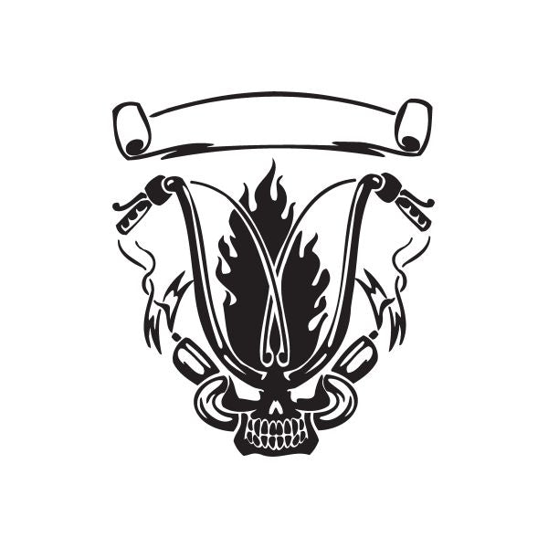 Black vinyl skull wall decal with flames and crossed cables