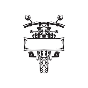 Black vinyl wall decal of a chopper motorcycle with flame banner and skull motif