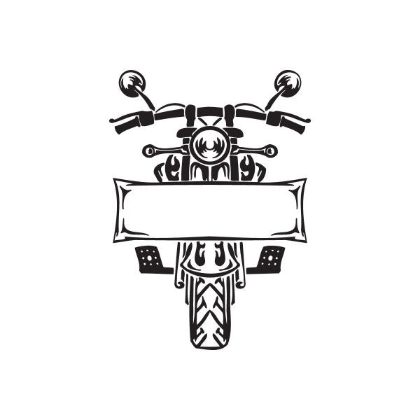 Black vinyl wall decal of a chopper motorcycle with flame banner and skull motif