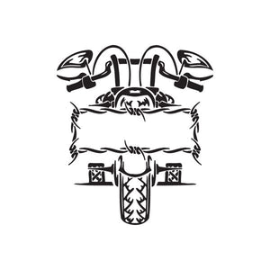 Black chopper-style cross vinyl wall decal with central engine and handlebar wings
