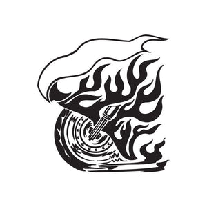 Motorcycle chopper vinyl wall decal with flames and engine, black and white