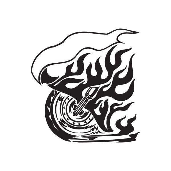 Motorcycle chopper vinyl wall decal with flames and engine, black and white
