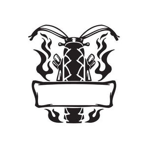 Skull chopper wall decal with flames and banner, black vinyl