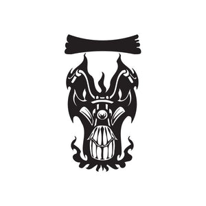 Vinyl wall decal of stylized flaming skull with banner detail, black and white