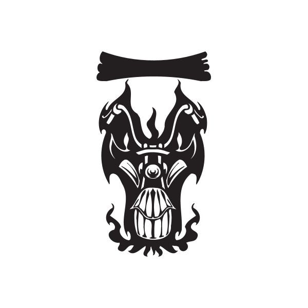 Vinyl wall decal of stylized flaming skull with banner detail, black and white