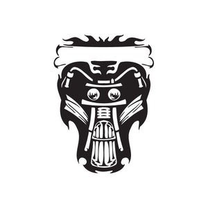 Vinyl wall decal with black stylized chopper face and flame design