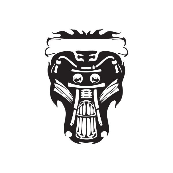 Vinyl wall decal with black stylized chopper face and flame design