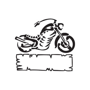 Motorcycle wall decal of a black chopper with rider and blank license banner