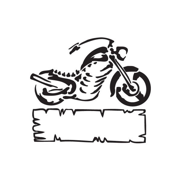 Motorcycle wall decal of a black chopper with rider and blank license banner