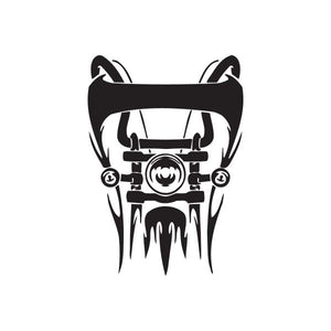 Black vinyl wall decal of a stylized chopper motorcycle front with flames