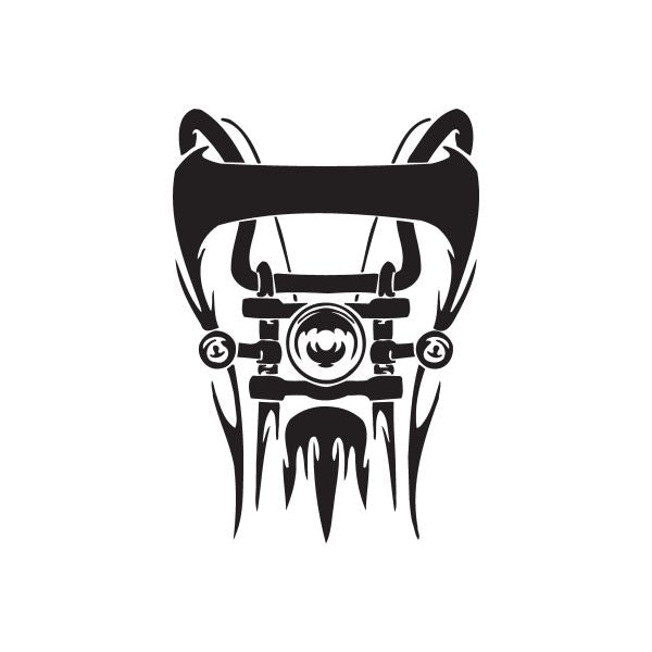 Black vinyl wall decal of a stylized chopper motorcycle front with flames