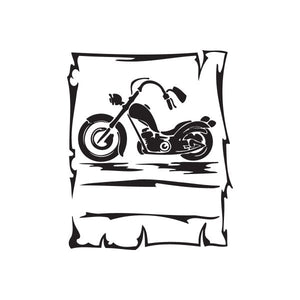 Motorcycle rider vinyl wall decal with stylized wheels, black and white