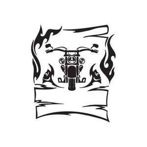 Black vinyl wall decal of a chopper skull with flames and banner