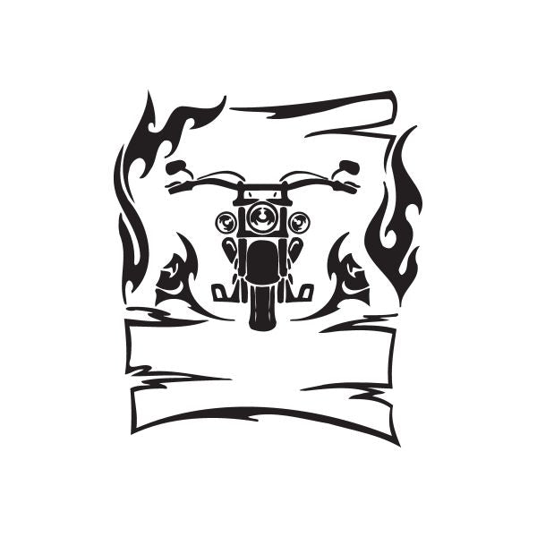 Black vinyl wall decal of a chopper skull with flames and banner
