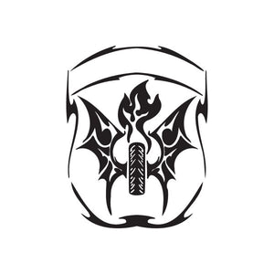 Round vinyl wall decal with black skull, flames, and spiky wings