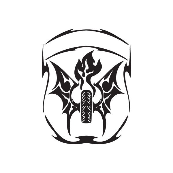 Round vinyl wall decal with black skull, flames, and spiky wings