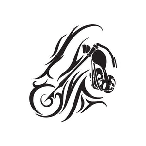 Chopper motorcycle wall decal, black vinyl silhouette with rider helmet