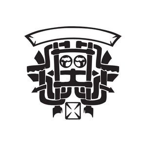Black stylized chopper icon vinyl wall decal with banner and gauge details