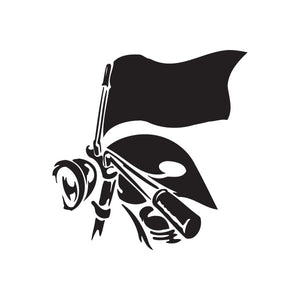 Black vinyl wall decal of a chopper with flag and stylized emblem
