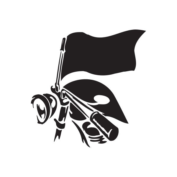 Black vinyl wall decal of a chopper with flag and stylized emblem