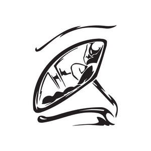 Black stylized character wall decal with hooded figure and swooping lines