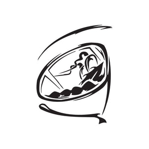 Black vinyl wall decal with circular stylized figure and swooping lines