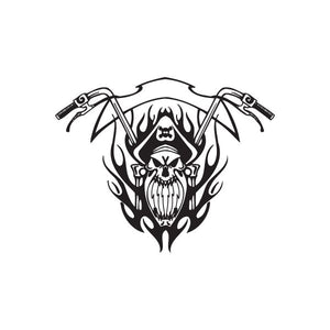 Black vinyl wall decal featuring a skull with hat, flames, and crossed guns