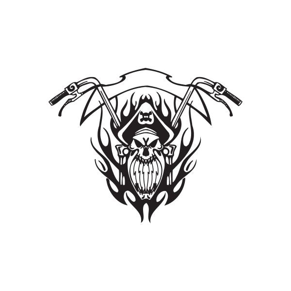 Black vinyl wall decal featuring a skull with hat, flames, and crossed guns