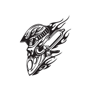 Black chopper head vinyl wall decal with tribal flame graphics