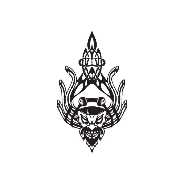 Black vinyl wall decal of a skull with flames and tribal design
