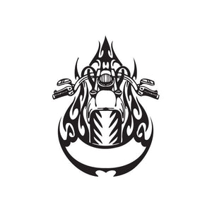 Black vinyl wall decal of flaming skull with crossed weapons and horned helmet