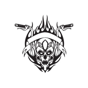 Skull and flame vinyl wall decal with crossed weapons, black and white