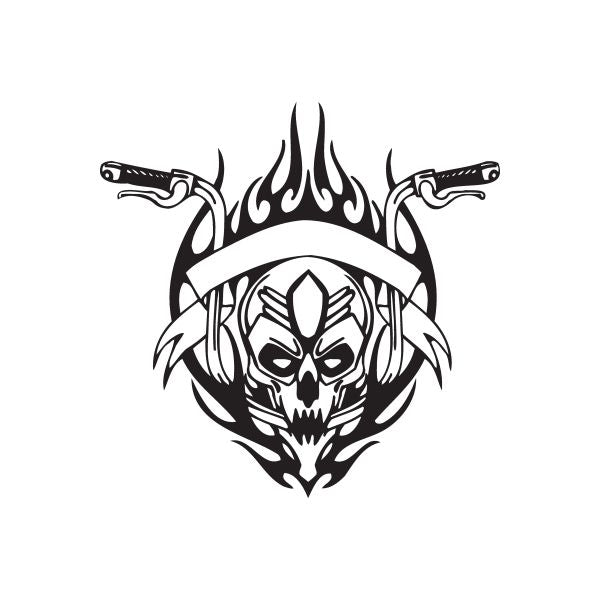 Skull and flame vinyl wall decal with crossed weapons, black and white