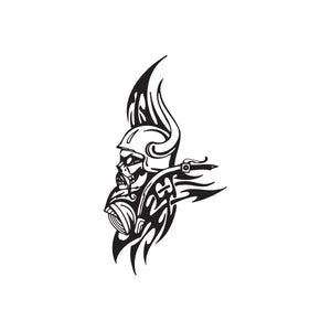 Vinyl wall decal of a black flaming skull character with crossbow-like weapon