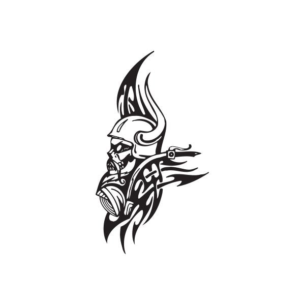 Vinyl wall decal of a black flaming skull character with crossbow-like weapon