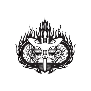 Black vinyl chopper wall decal with flame design and wheel detail.