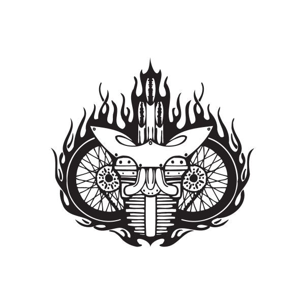 Black vinyl chopper wall decal with flame design and wheel detail.