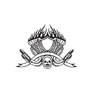 Skull motorcycle helmet vinyl wall decal with flames and crossbones