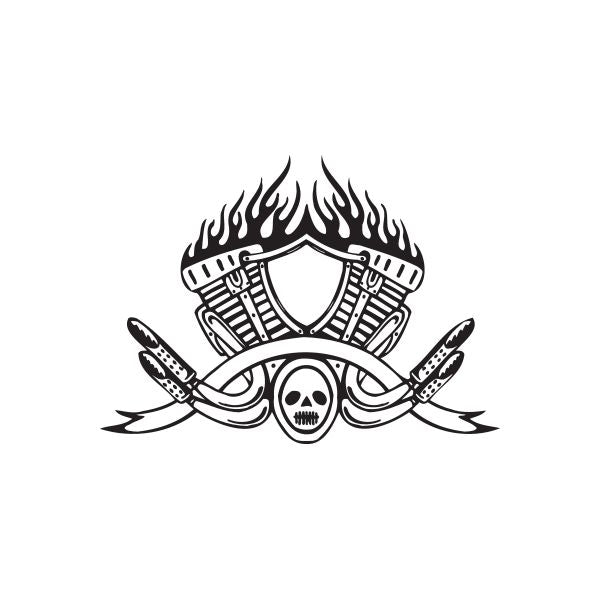 Skull motorcycle helmet vinyl wall decal with flames and crossbones