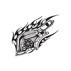 Flame-style black-and-white wall decal with detailed engine graphic