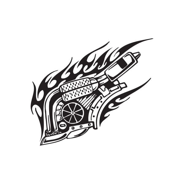 Flame-style black-and-white wall decal with detailed engine graphic