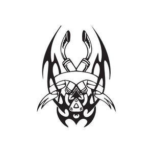 Black and white chopper skull wall decal with crossed tools and flames